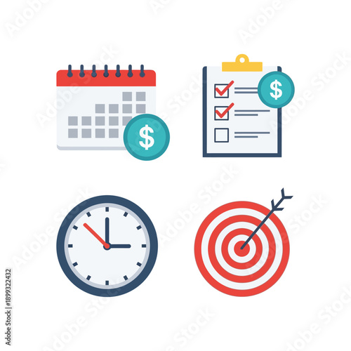 A calendar displays sale icons and symbols on a white background effectively.