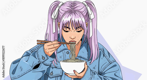 Flat vector illustration of a young woman happily eating noodles