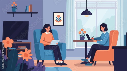 Two women in a cozy living room, one writing, one on a laptop