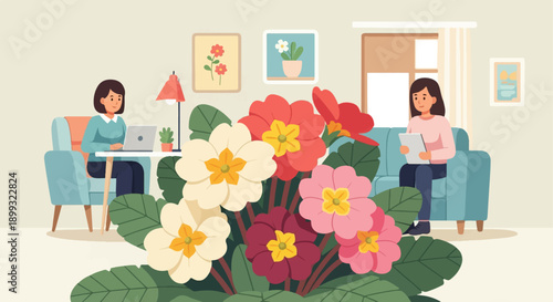 Two women in a cozy room, one working on a laptop, the other on a tablet, surrounded by flowers