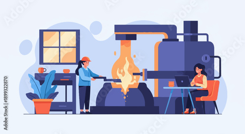 Two women in a factory, one working at a furnace, the other at a laptop
