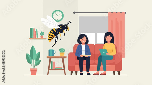 Two women in a living room with a large wasp flying around