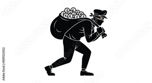 A black silhouette of a thief carrying a sack of money depicted in a dynamic pose on transparent background high quality