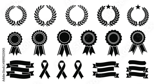 Black and white illustration of various award ribbons and laurel wreaths