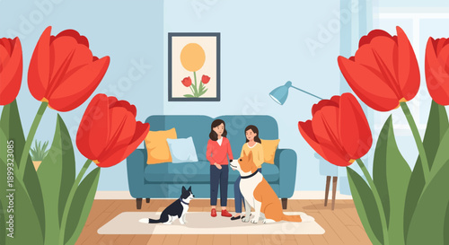 Two women and their dogs enjoy a cozy spring day indoors with red tulips