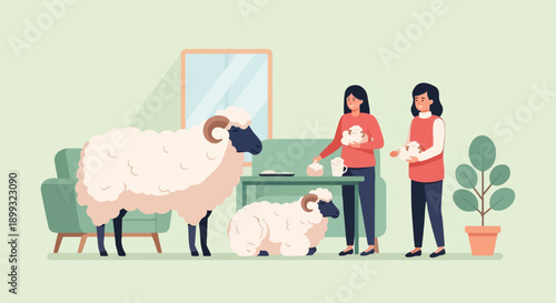 Two women in a living room with two sheep and a potted plant