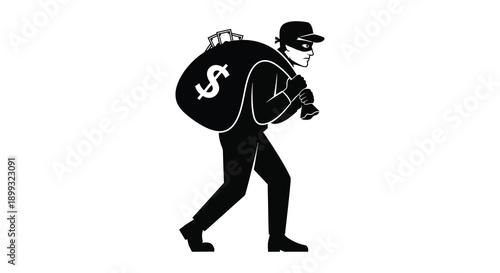 A black silhouette of a thief carrying a bag of money walking with a determined stride on transparent background silhouette