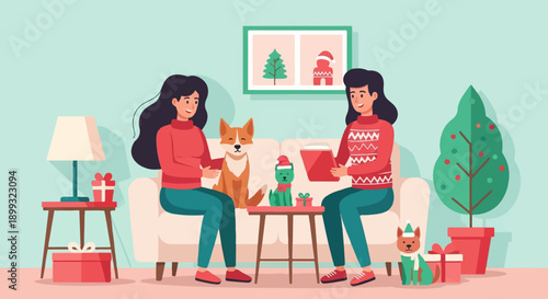 Two women and pets celebrating Christmas indoors with gifts and a tree
