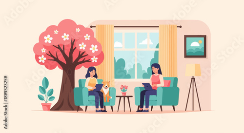 Two women and dog relax indoors by a blooming tree and window
