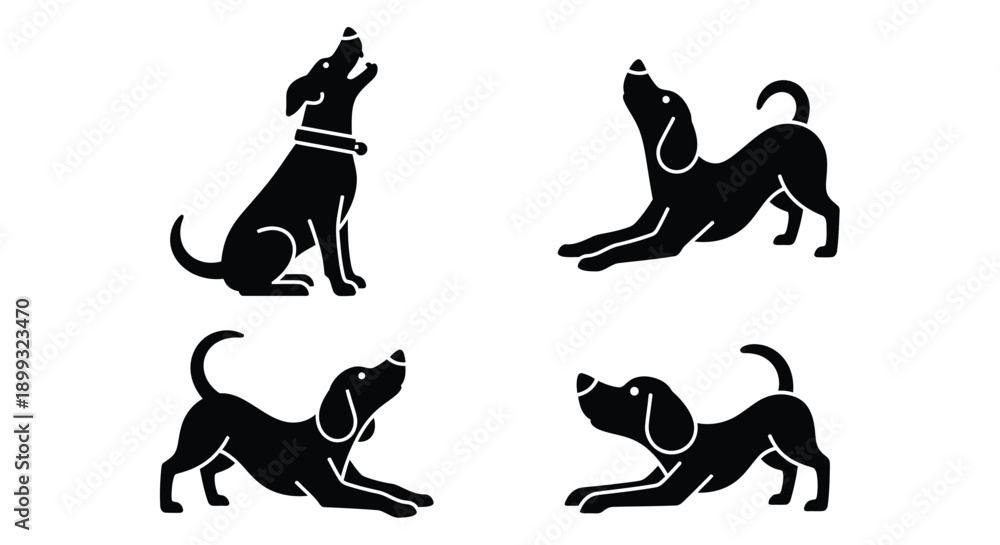 Fototapeta premium Four black dog silhouettes in different playful poses on white background