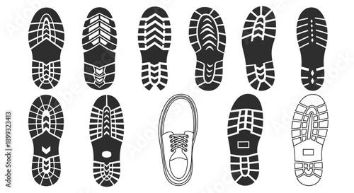 Various shoe sole designs and a sneaker on a white background