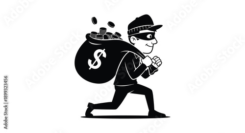 A cartoon depiction of a thief running with a bag of money presented as a striking silhouette on transparent background