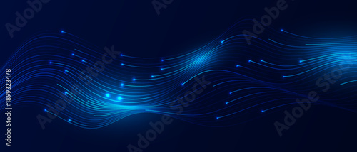 Technology abstract background with flowing light lines and glowing particles.