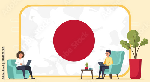 Two people working on laptops near a Japanese flag in a stylized room