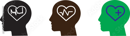 Human head profiles with heart icons.  mental well-being concepts in psychology and wellness campaigns