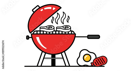 A red barbecue grill with food and utensils on a clean surface