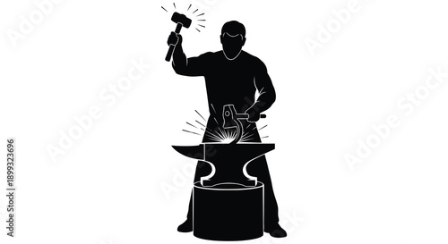 A blacksmith forging metal with a hammer and anvil depicted as a striking black silhouette on transparent background high quality professional