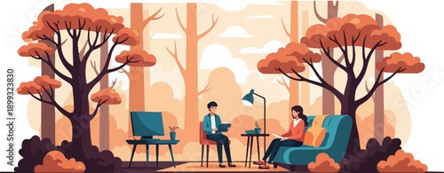 Two people working and relaxing in a cozy autumnal forest setting