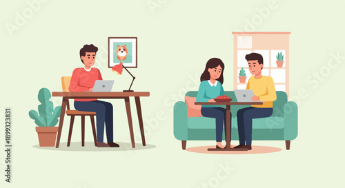 Two people working and relaxing indoors with laptops and plants