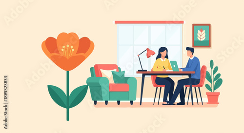 Two people working at a desk in a room with a flower