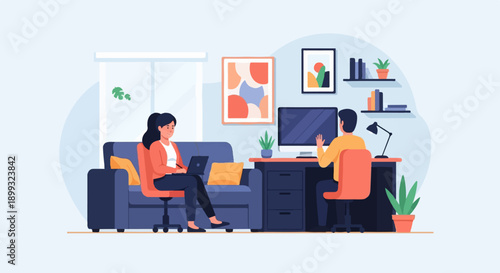 Two people working at home on laptops and desktops in a modern room