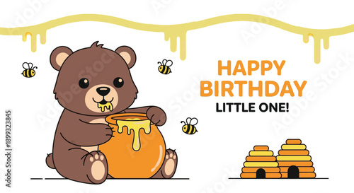 A cute brown bear holding honey pot with bees and beehives around