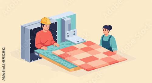 Two people working on a construction project, laying down tiles
