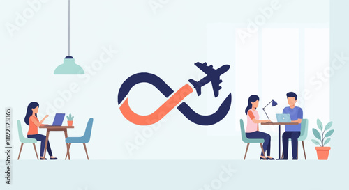 Two people working at desks with a stylized infinity airplane symbol between them
