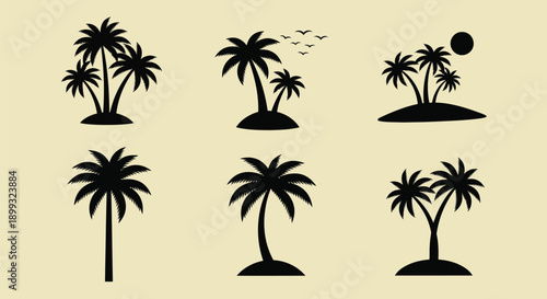 Black silhouettes of palm trees on white background with various island scenes