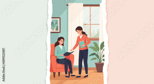 Two women in a room, one seated, the other standing, reviewing a book