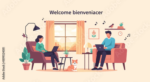 Two people working on laptops at home with a dog