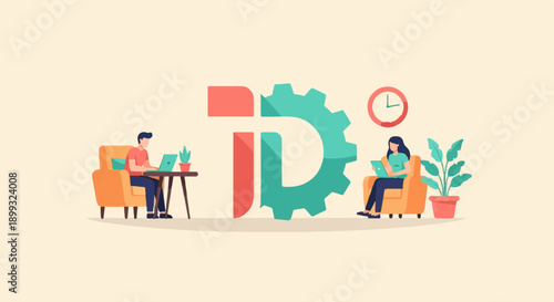 Two people working on laptops at home, with a large stylized gear-like graphic