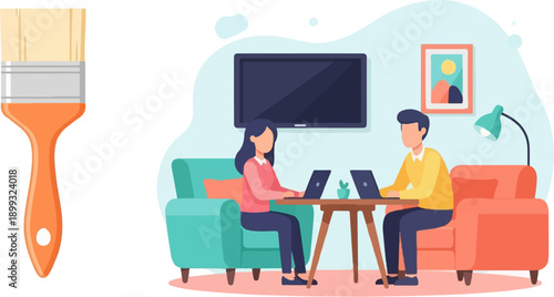 Two people working on laptops at home with a paintbrush nearby