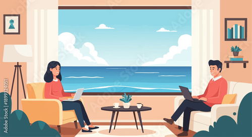 Two people working on laptops by the sea, a serene coastal scene