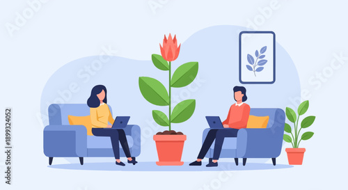 Two people working on laptops from home next to plants