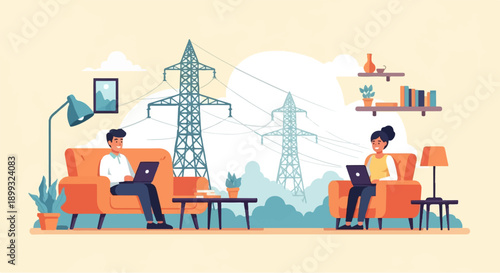Two people working on laptops from home, surrounded by nature and power lines
