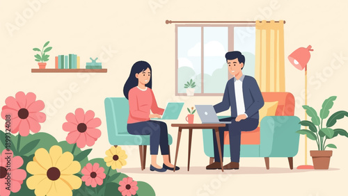 Two people working on laptops in a bright, floral-themed room with a window