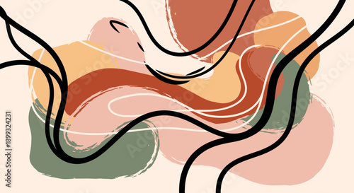 Abstract organic shapes with flowing black lines creating a sense of movement and depth.