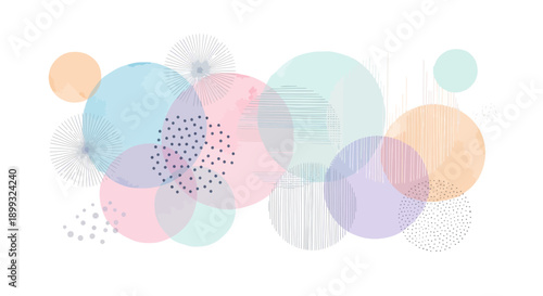 A whimsical arrangement of overlapping watercolor circles in soft pastel colors, with subtle textures and dotted patterns.