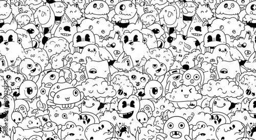 A dense, chaotic, and whimsical pattern of numerous hand-drawn cartoon monsters and creatures in black and white.