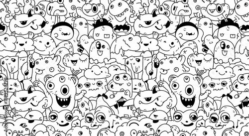 A dense, black and white doodle art pattern filled with numerous cute and quirky monsters and creatures.