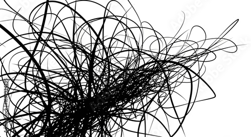 A dense, chaotic tangle of thin black lines on a white background, creating an abstract and energetic visual.