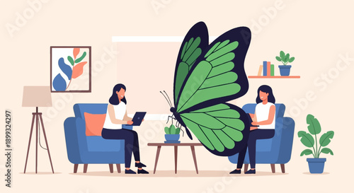 Two women in a room with a giant butterfly