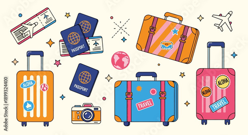 A vibrant collection of travel essentials including suitcases, passports, tickets, and a camera, set against a light background.