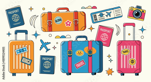 A vibrant collection of travel essentials including suitcases, passports, and a camera, set against a light background with decorative elements.