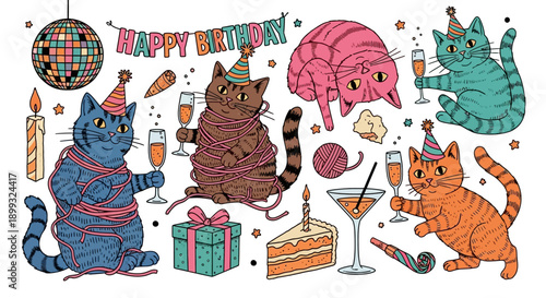 A whimsical collection of cats celebrating a birthday with party hats, champagne, cake, and decorations.