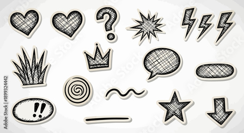A collection of hand-drawn, sketchy icons and symbols including hearts, question marks, lightning bolts, a crown, and a star.