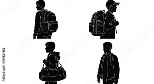 Silhouettes of men with various backpacks and bags on white background