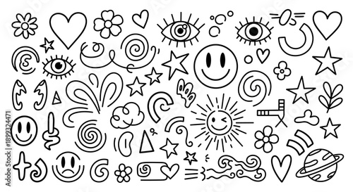 A collection of hand-drawn doodle elements including smiley faces, stars, hearts, eyes, clouds, and celestial bodies.