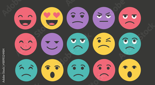 A collection of colorful circular emoticons displaying a variety of emotions against a dark background.